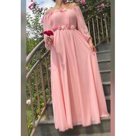 Rochie lunga din voal cu detalii florale Valeria roz